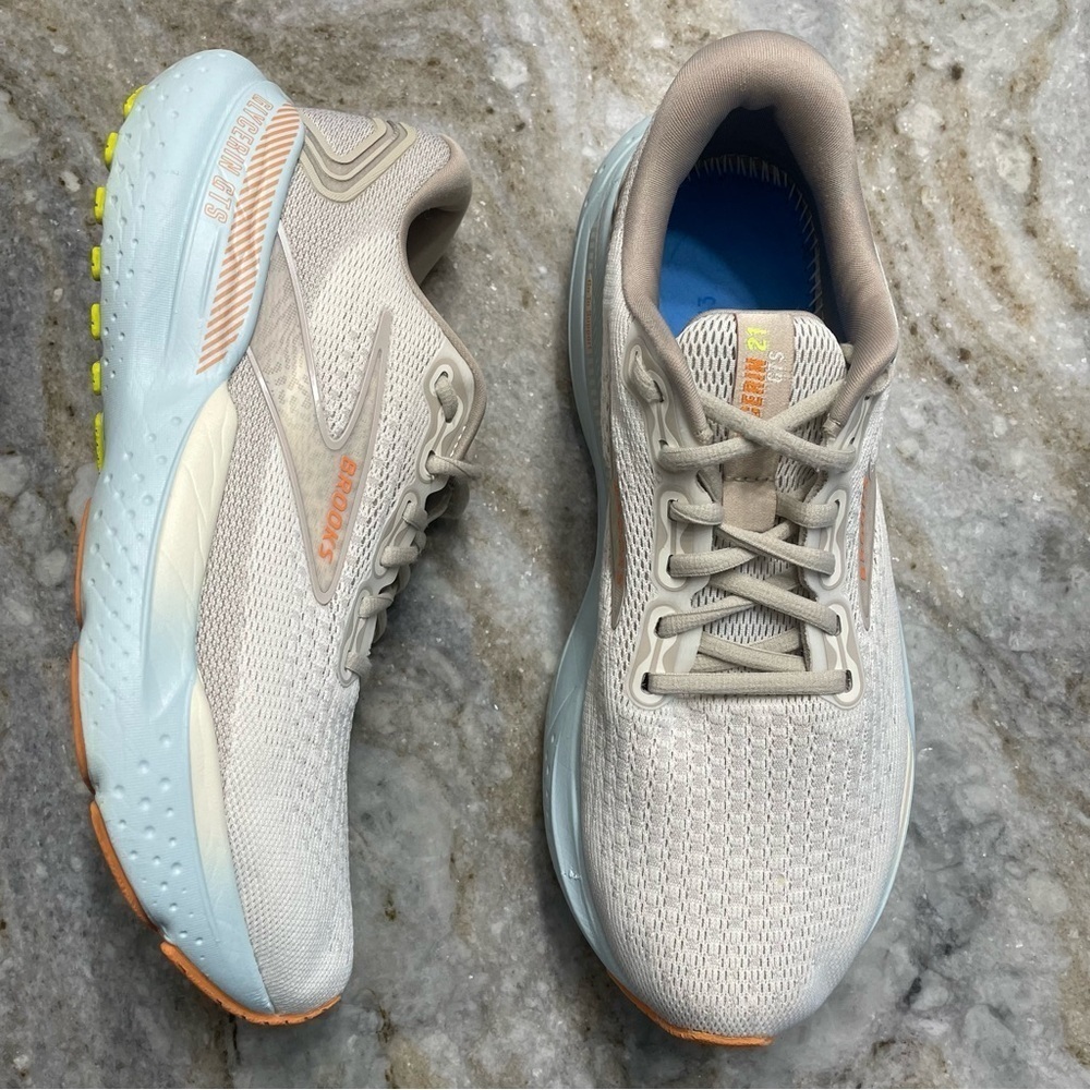 BROOKS Glycerin GTS 21 Running Shoes Coconut Aqua Autumn Sunset Size 10 Medium